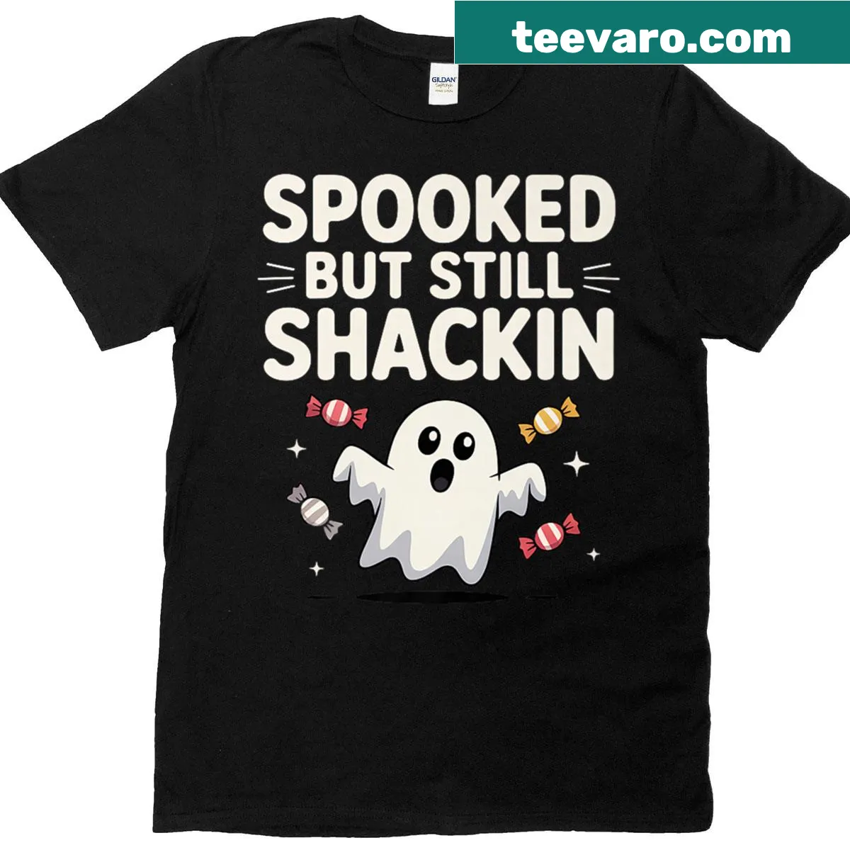 Funny Halloween ghost T-shirt with candy theme — on a men's t-shirt