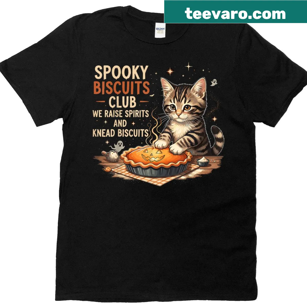 Funny Halloween t-shirt featuring a cat baking pumpkin pies — on a men's t-shirt