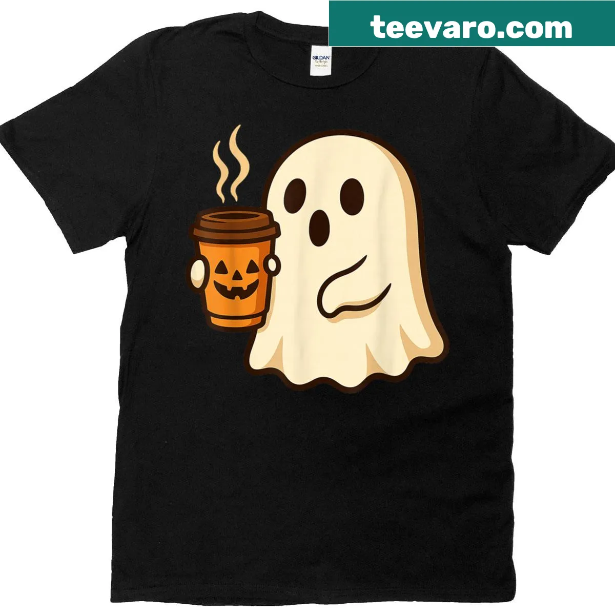 Cute ghost holding pumpkin cup graphic on Halloween t-shirt — on a men's t-shirt