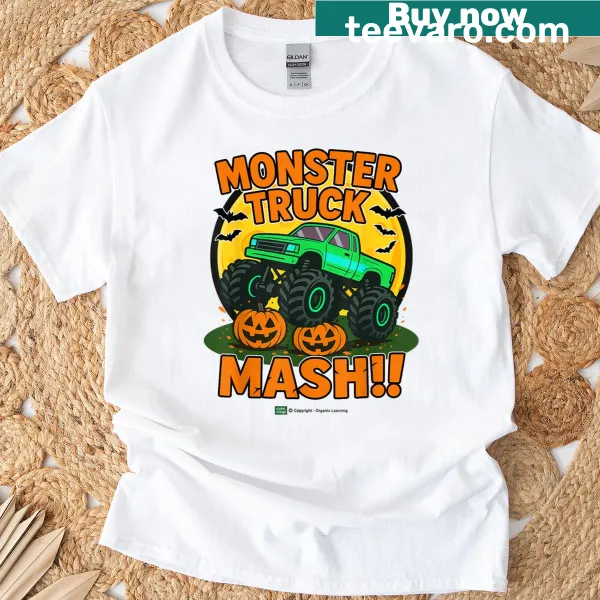 Cartoon-style Halloween T-shirt with a monster truck smashing pumpkins