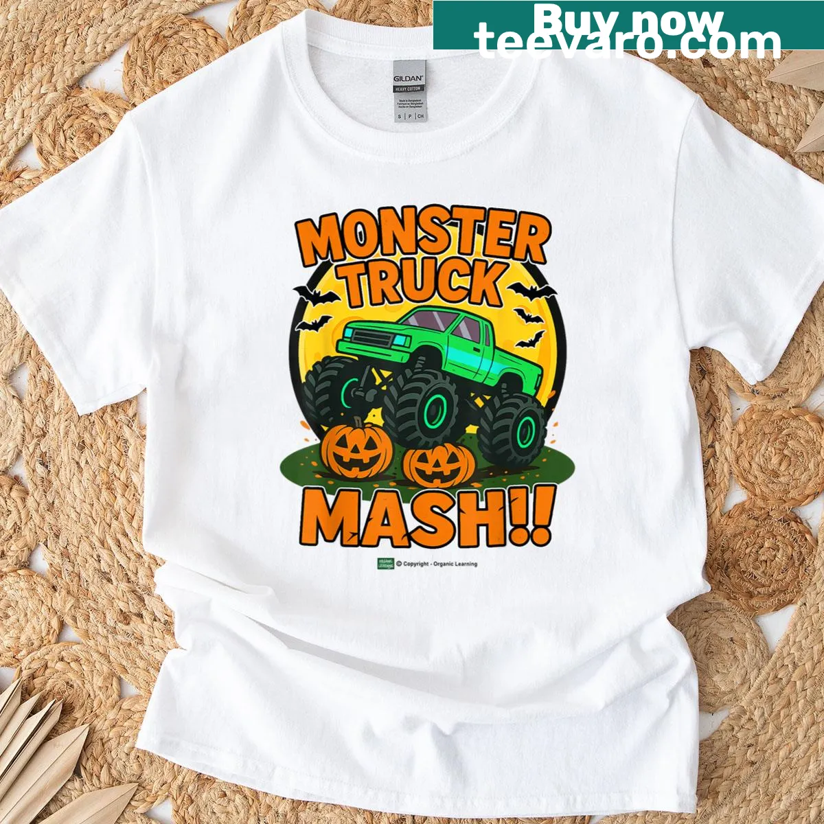 Cartoon-style Halloween T-shirt with a monster truck smashing pumpkins — on a men's t-shirt