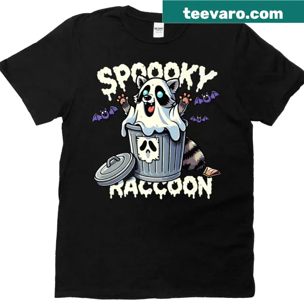 Halloween t-shirt featuring a raccoon with bats and a ghost