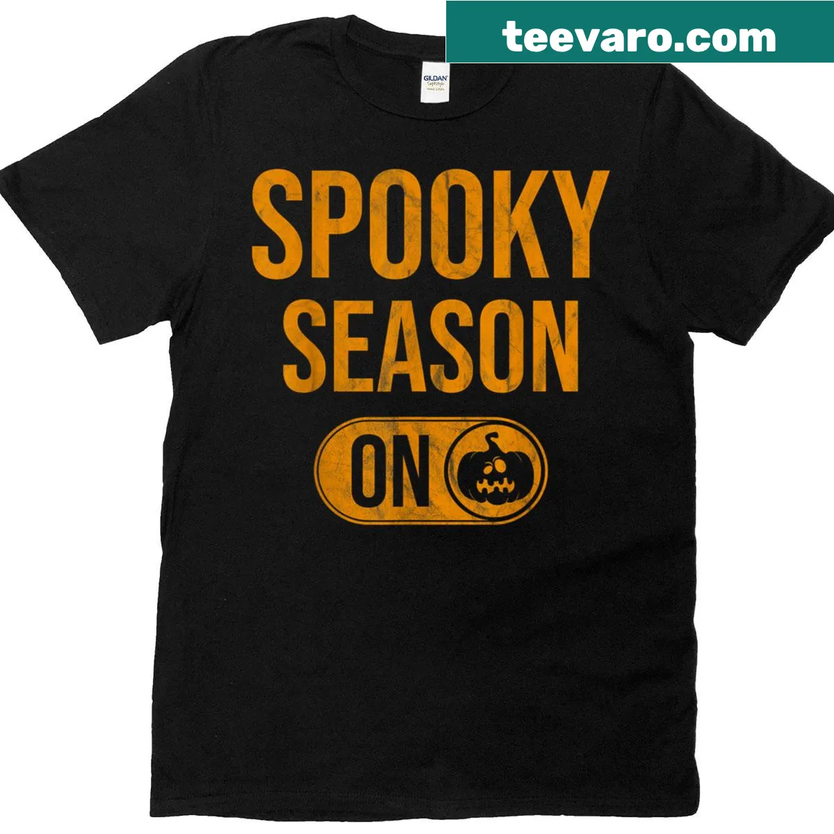 Illustration of a pumpkin with 'Spooky Season Mode On' text — on a men's t-shirt