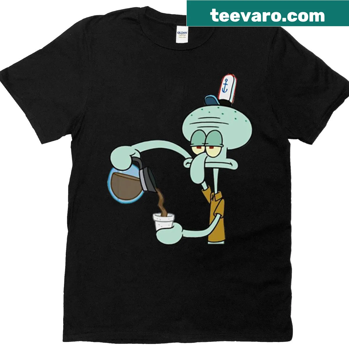 Funny Squidward coffee sticker design on a t-shirt for coffee lovers — on a men's t-shirt