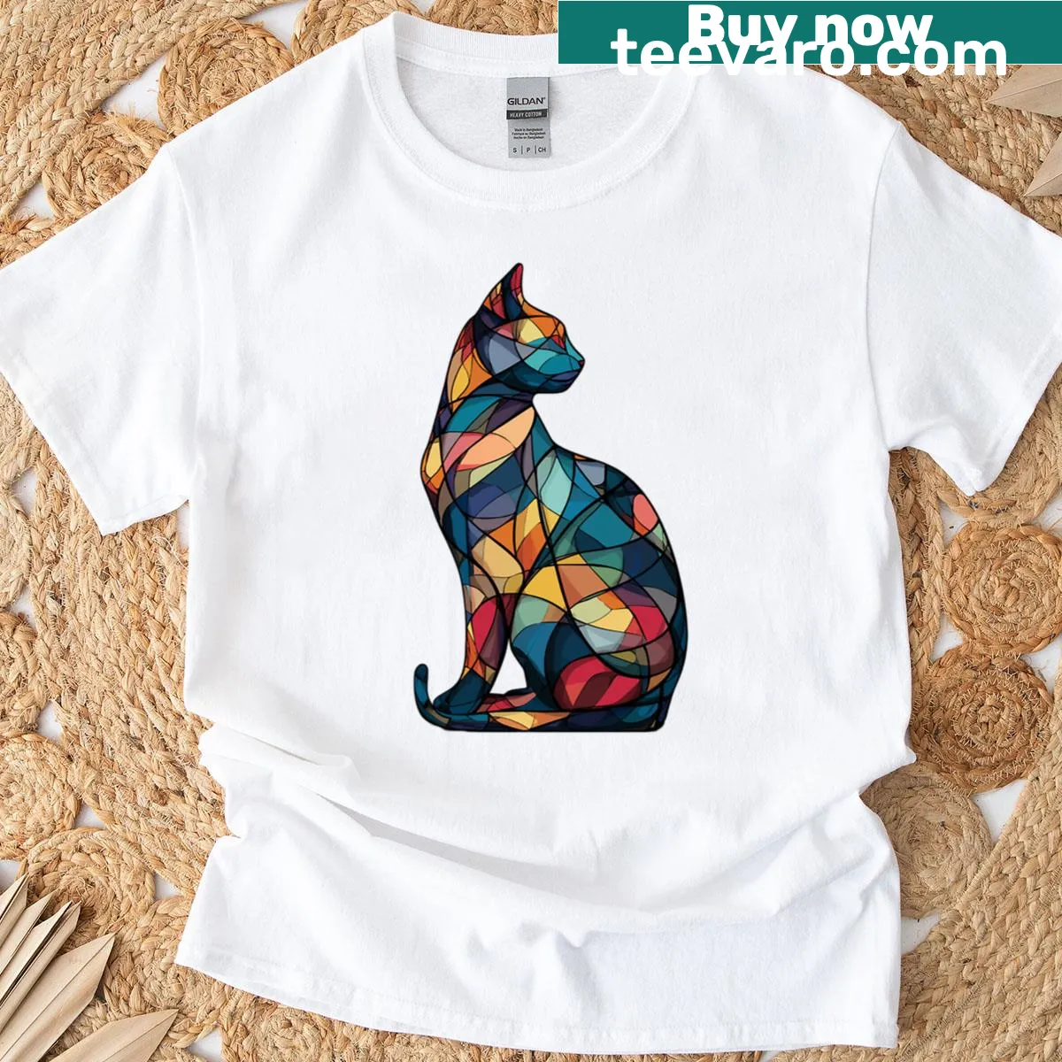 T-shirt featuring a stained-glass silhouette of a cat — on a men's t-shirt