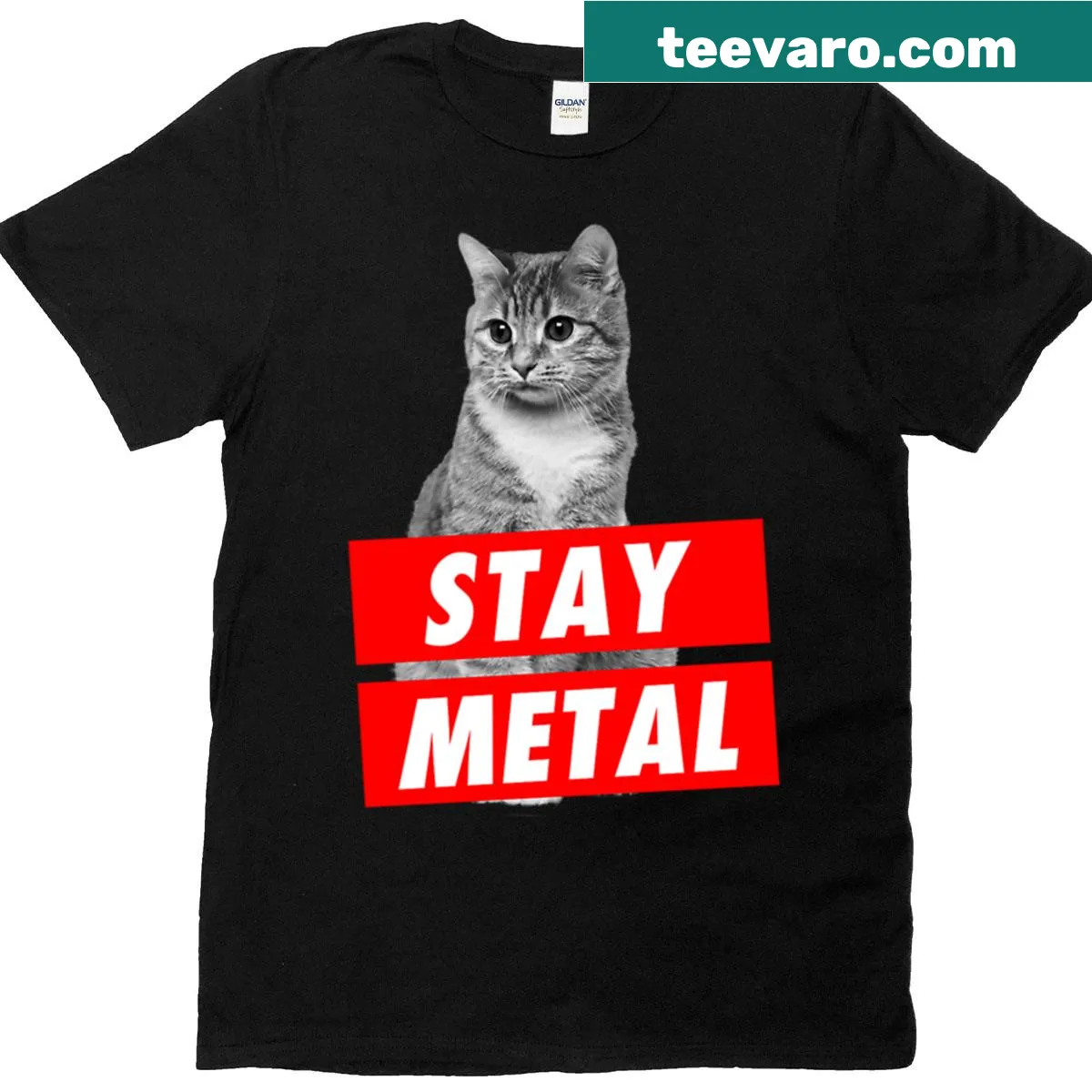 Bold 'Stay Metal' text design on a t-shirt — on a men's t-shirt