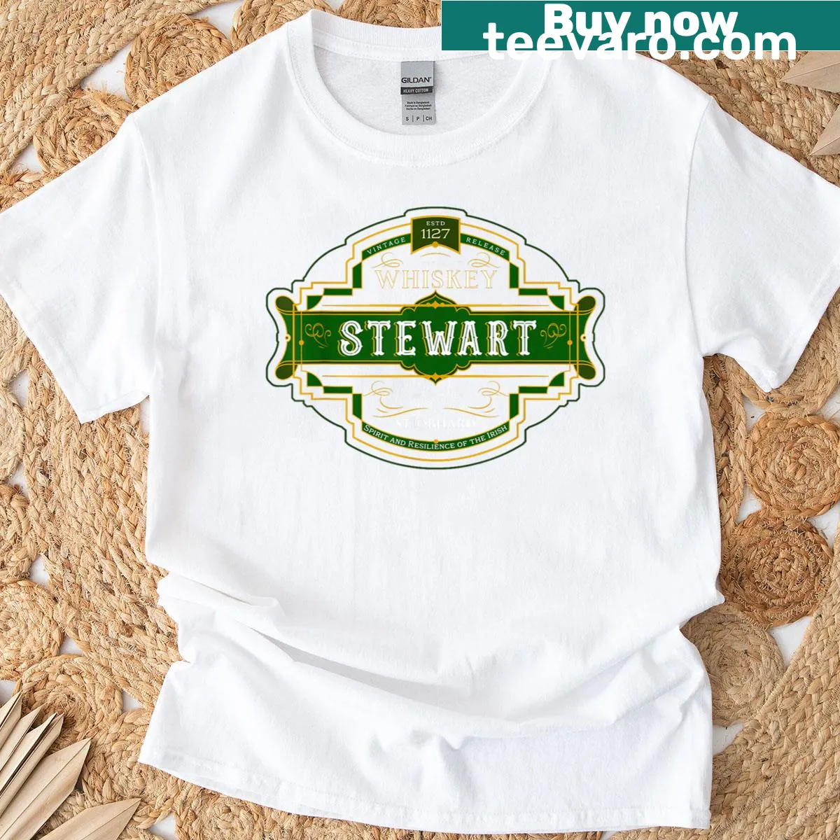 Whiskey-themed t-shirt featuring the name 'Stewart' and Irish heritage — on a men's t-shirt