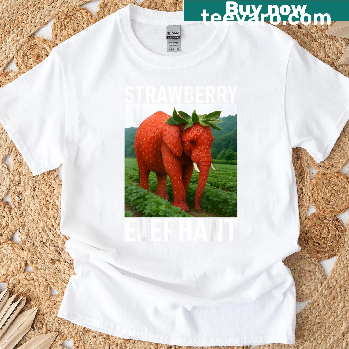 Cartoon elephant eating strawberry cake, Italian brainrot meme for kids — on a men's t-shirt