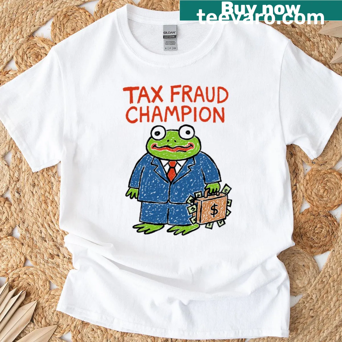 Funny t-shirt with 'Tax Fraud Champion' text — on a men's t-shirt