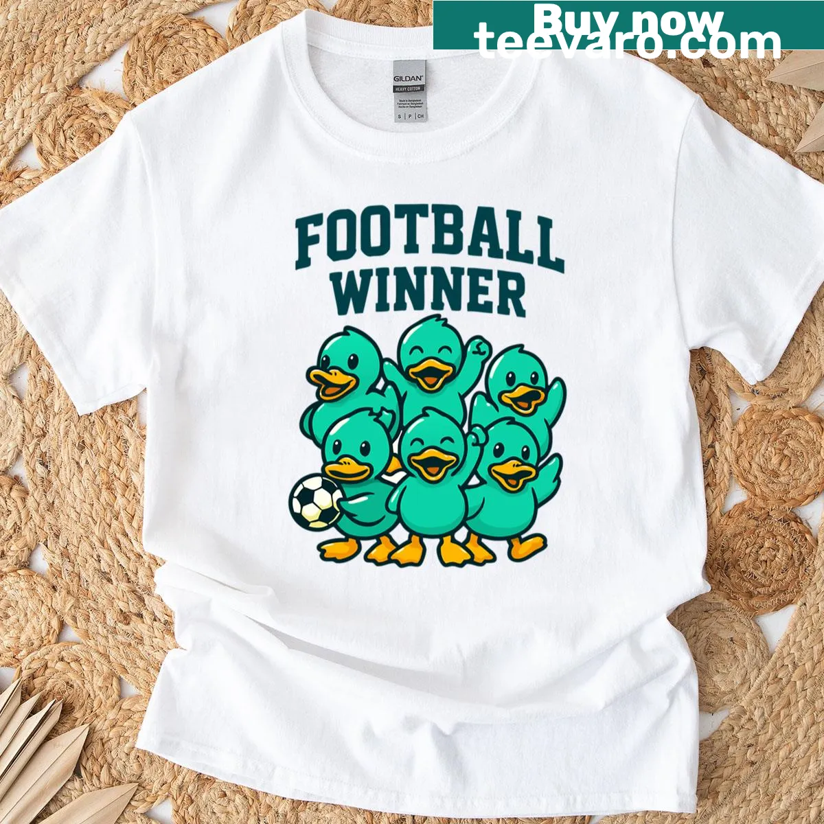 Cute teal rubber duck wearing a football helmet illustration — on a men's t-shirt