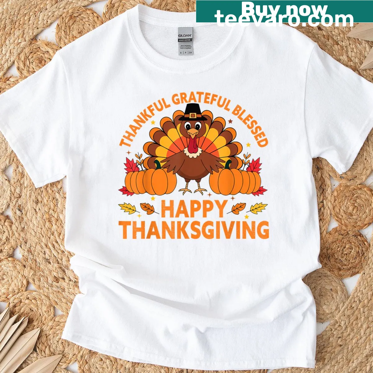 Thankful Grateful Blessed Thanksgiving T-shirt with turkey graphic — on a men's t-shirt