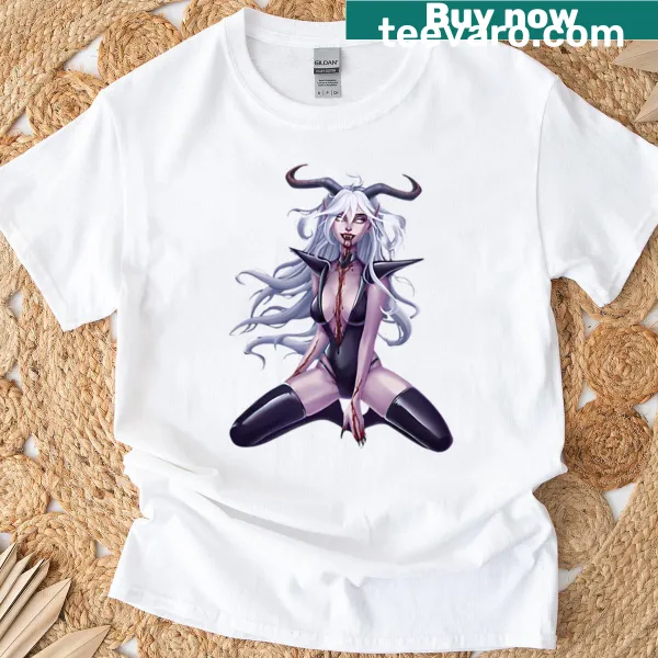 Illustration of a bloodstained demoness kneeling with bold visuals