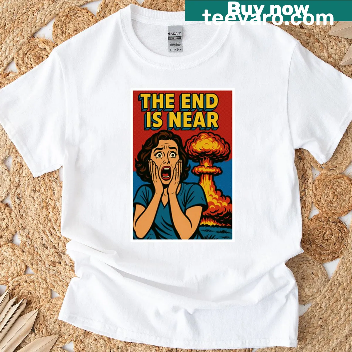 Bold text T-shirt with the phrase 'The End Is Near' — on a men's t-shirt