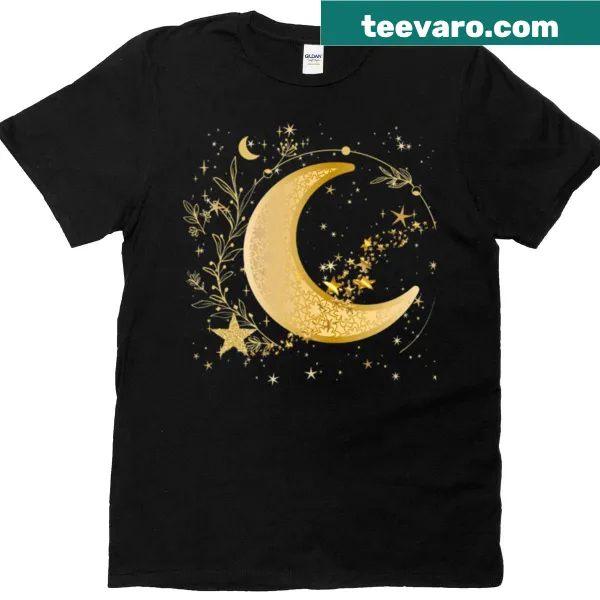 Illustrated T-shirt featuring a moon and golden stars