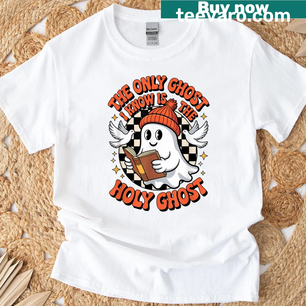 Retro graphic with text 'The Only Ghost I Know Is The Holy' in vintage style — on a men's t-shirt