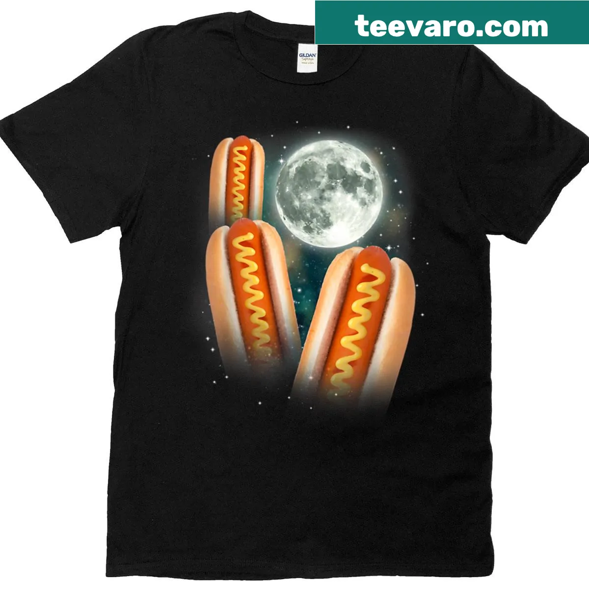 Funny T-shirt with three howling hotdogs graphic and meme theme. — on a men's t-shirt