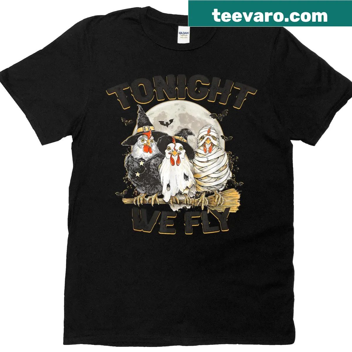 Funny Halloween t-shirt featuring Tonight We Fly with a chicken — on a men's t-shirt