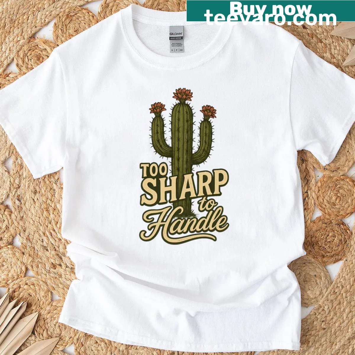 Cactus design T-shirt with the pun 'Too Sharp To Handle' — on a men's t-shirt