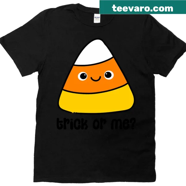 Halloween T-shirt featuring playful candy corn illustration and text.