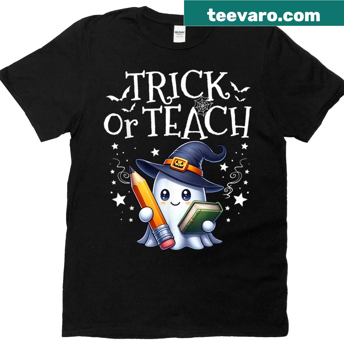 Funny Halloween teacher t-shirt with ghost graphic and text — on a men's t-shirt