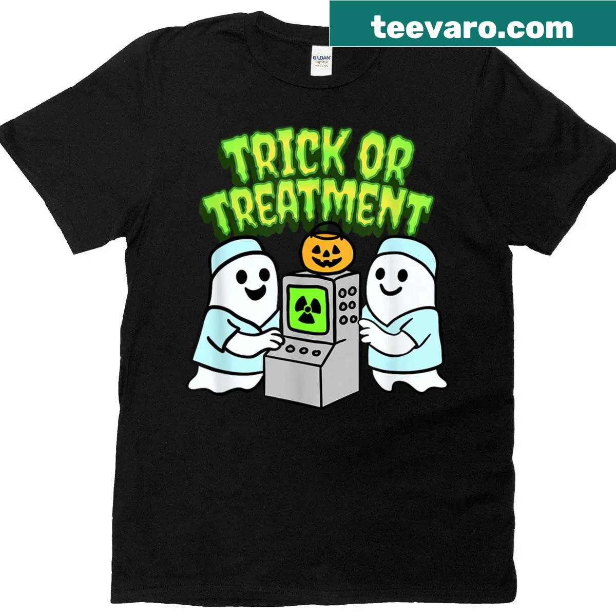 Funny Halloween t-shirt featuring ghost doctors and playful text — on a men's t-shirt
