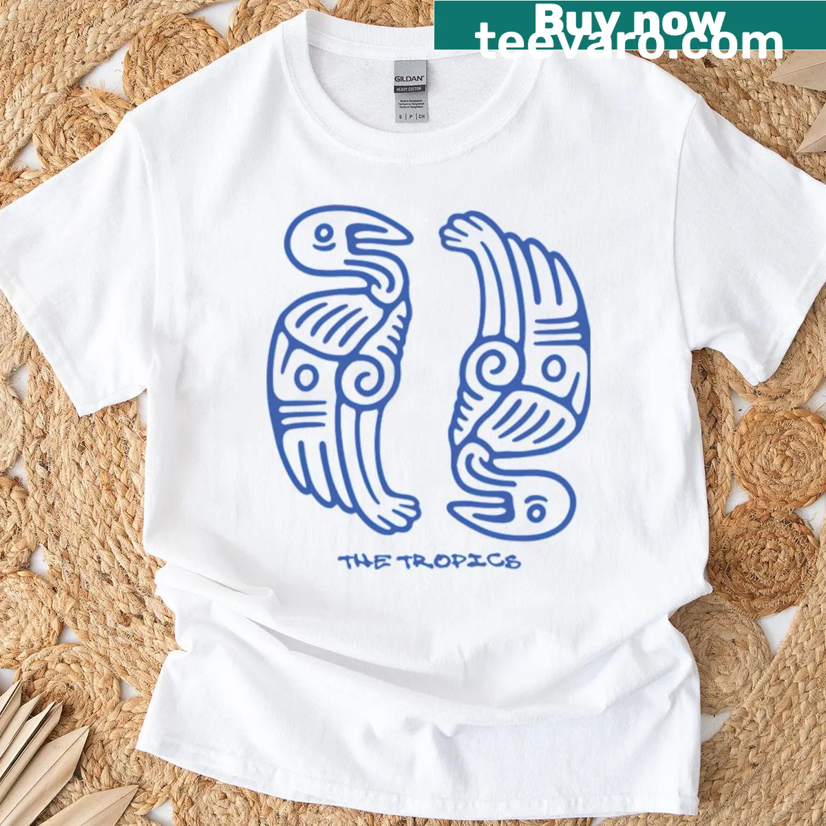 Tropical summer t-shirt with landscape illustration — on a men's t-shirt