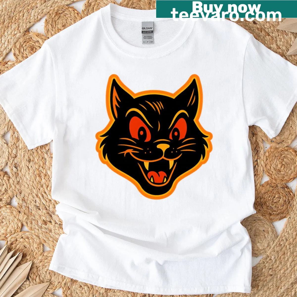Retro vampire cat t-shirt featuring a spooky black cat design — on a men's t-shirt