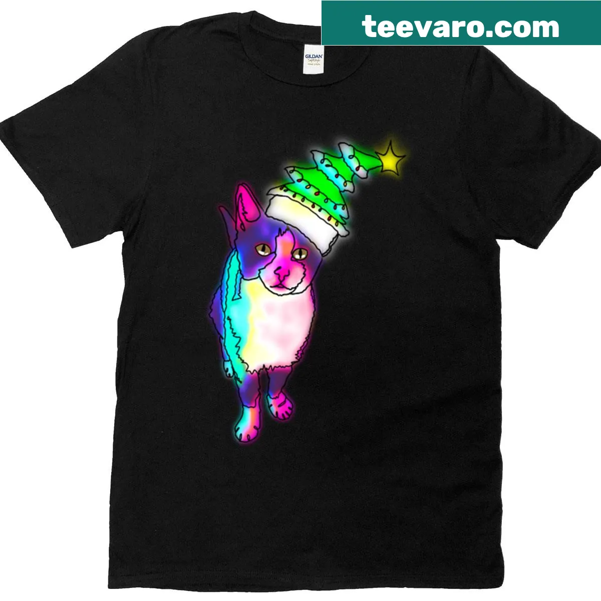 Cute cat wearing Christmas tree hat graphic T-shirt — on a men's t-shirt