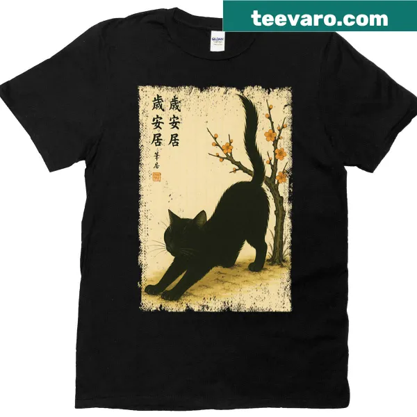 Vintage Black Cat T-shirt with Japanese cherry blossoms