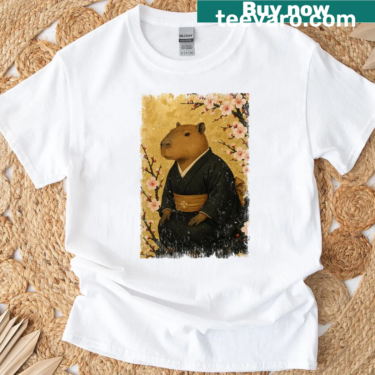 Cute capybara and cherry blossom T-shirt for kids — on a men's t-shirt