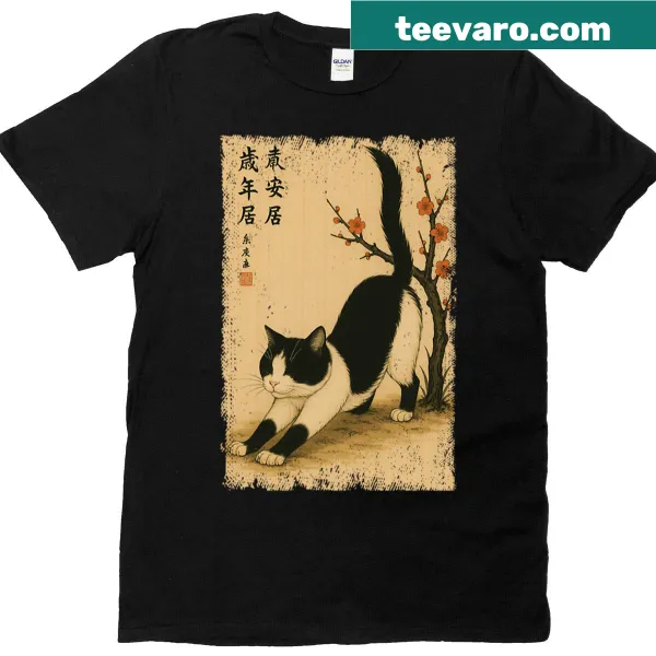 Vintage T-shirt showcasing a cat with cherry blossoms design.