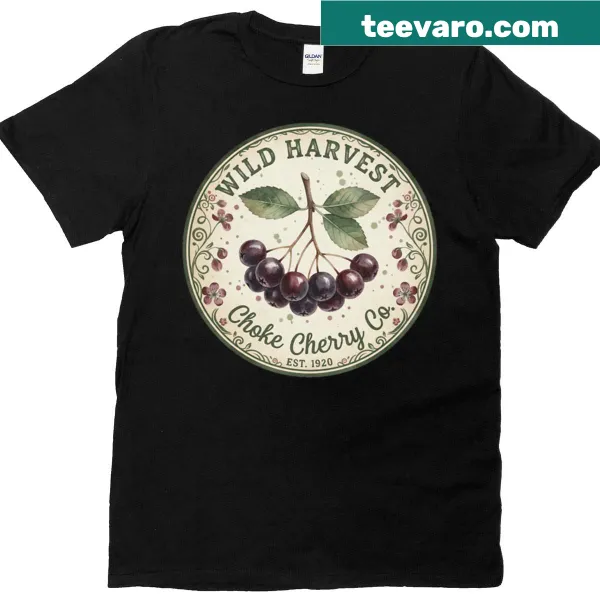 Vintage-style T-shirt with a Choke Cherry Co fruit label design