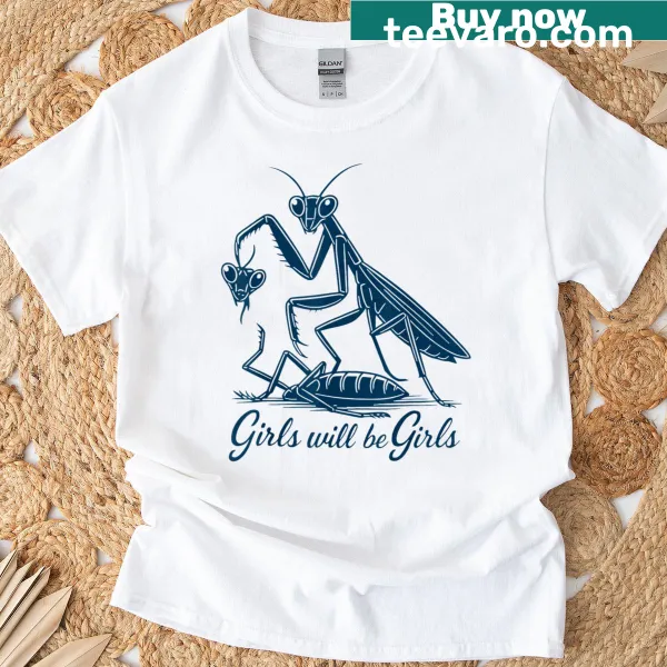 Vintage-style t-shirt featuring a cute praying mantis illustration