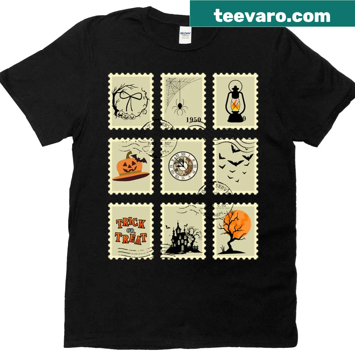 Vintage Halloween stamp design featuring ghosts, witches, and pumpkins — on a men's t-shirt