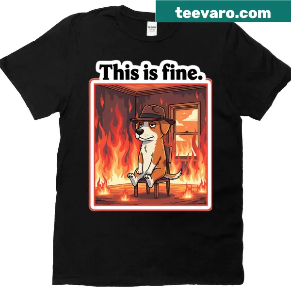Cartoon dog in calm pose amid flames, vintage meme design