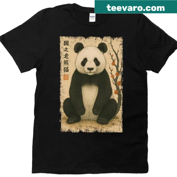 Illustrated panda and cherry blossoms on kids t-shirt