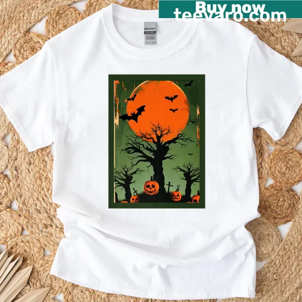 Vintage postcard design featuring a whimsical jack-o-lantern graveyard