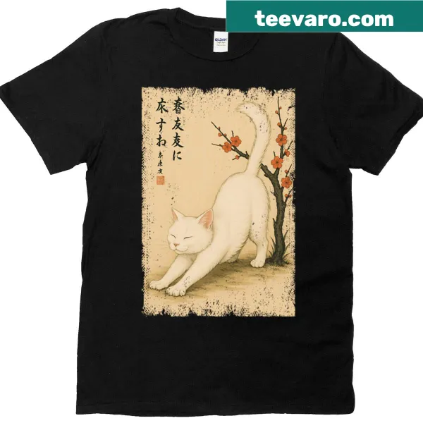 Vintage T-shirt featuring a white cat and cherry blossoms design.