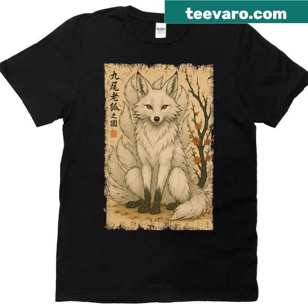 Vintage white fox t-shirt with cherry blossoms and Japanese Kanji
