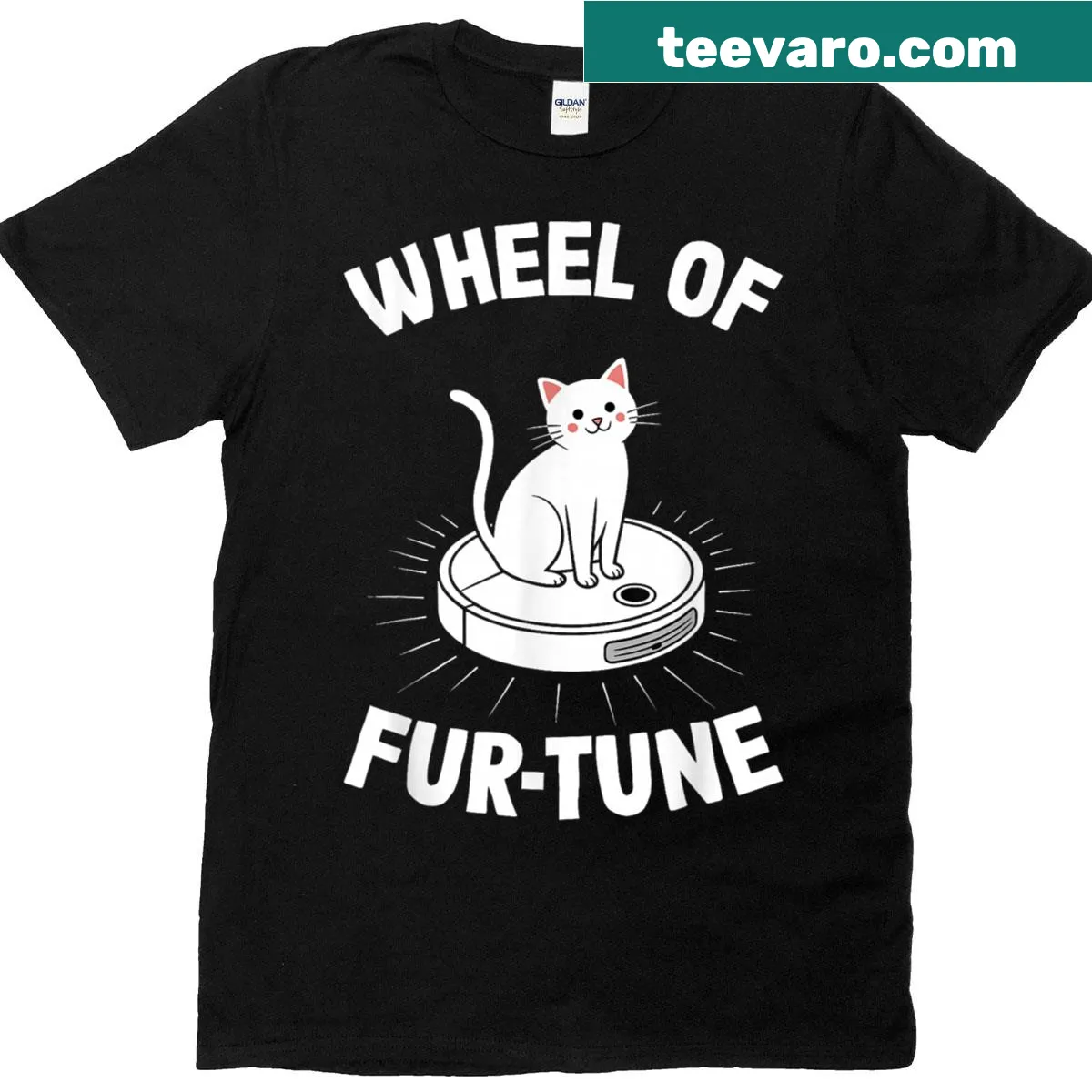 Playful t-shirt featuring a cat on a robot vacuum cleaner. — on a men's t-shirt