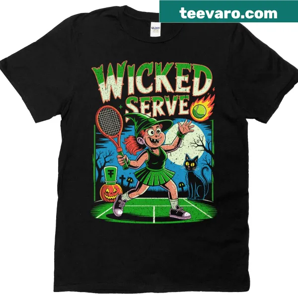 Illustrated tennis witch graphic tee for Halloween
