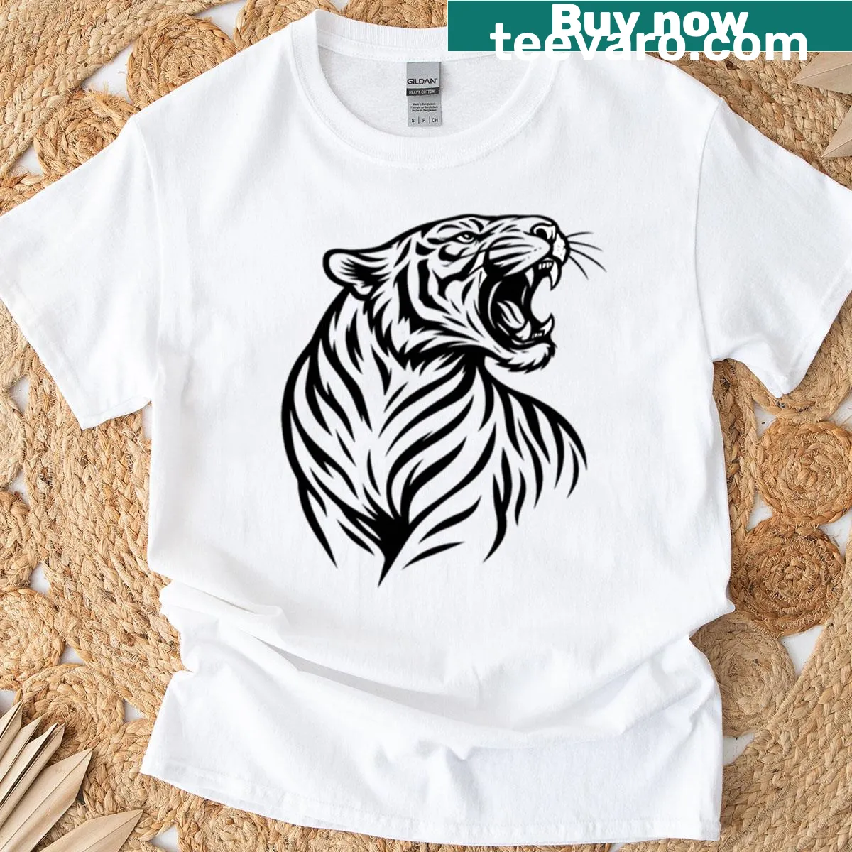 Fierce pose line drawing of a wild tiger on a t-shirt — on a men's t-shirt