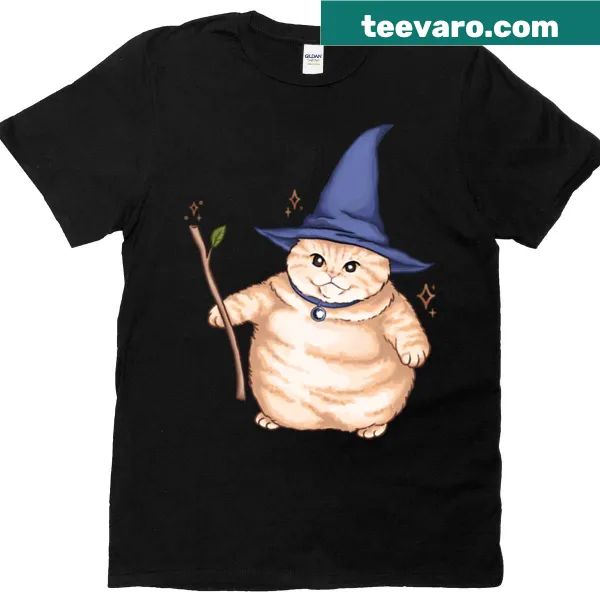 Whimsical T-shirt featuring a wizard cat illustration