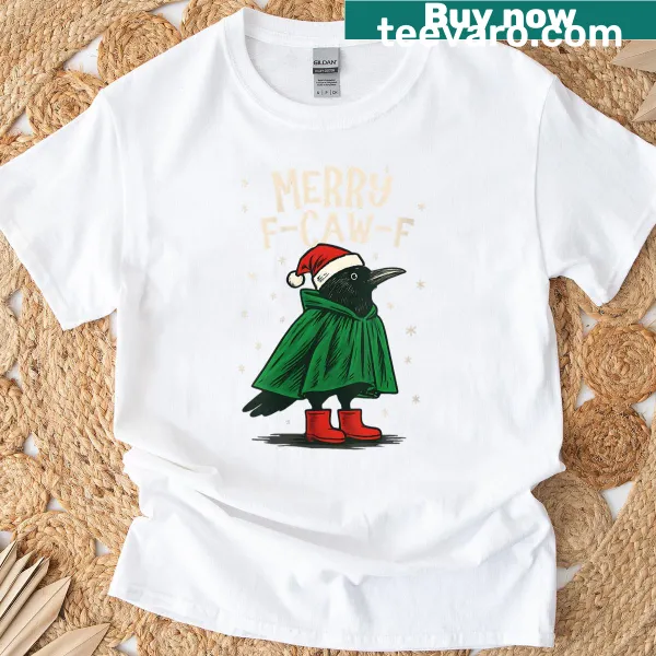 Humorous cartoon crow wearing a Santa hat on a Christmas t-shirt