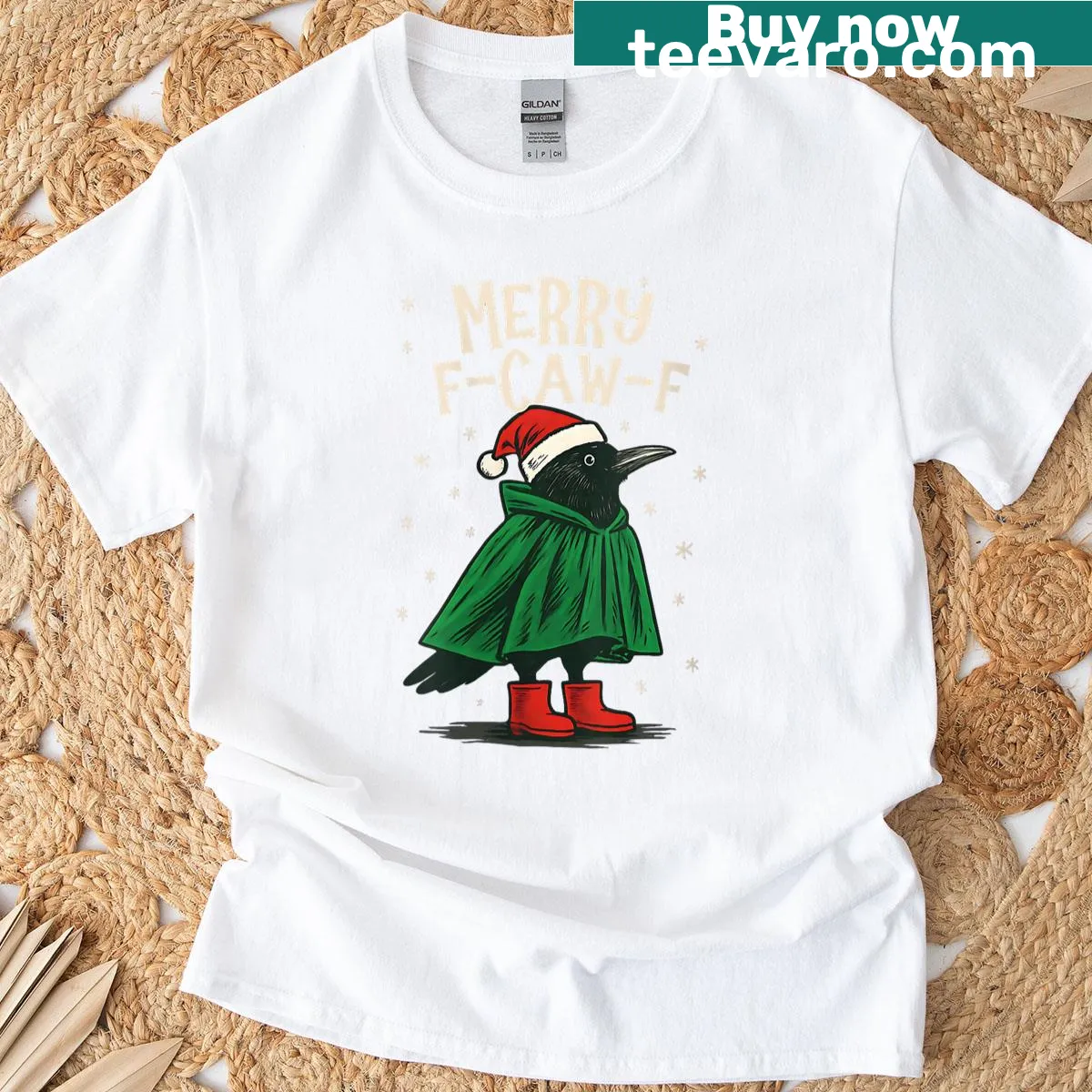 Humorous cartoon crow wearing a Santa hat on a Christmas t-shirt — on a men's t-shirt