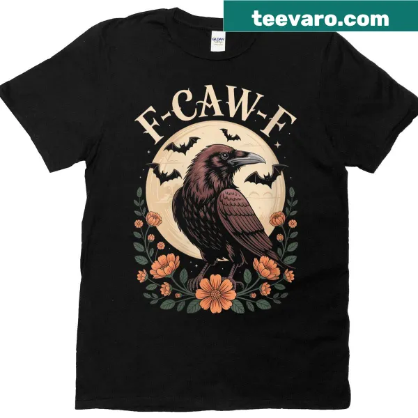 Retro black crow graphic tee with F-caw-f saying and floral accents