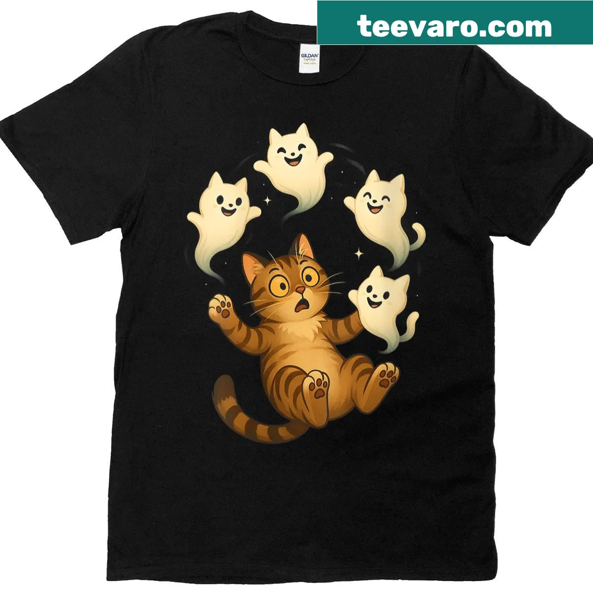 Funny spooky Halloween cat meme graphic tee — on a men's t-shirt