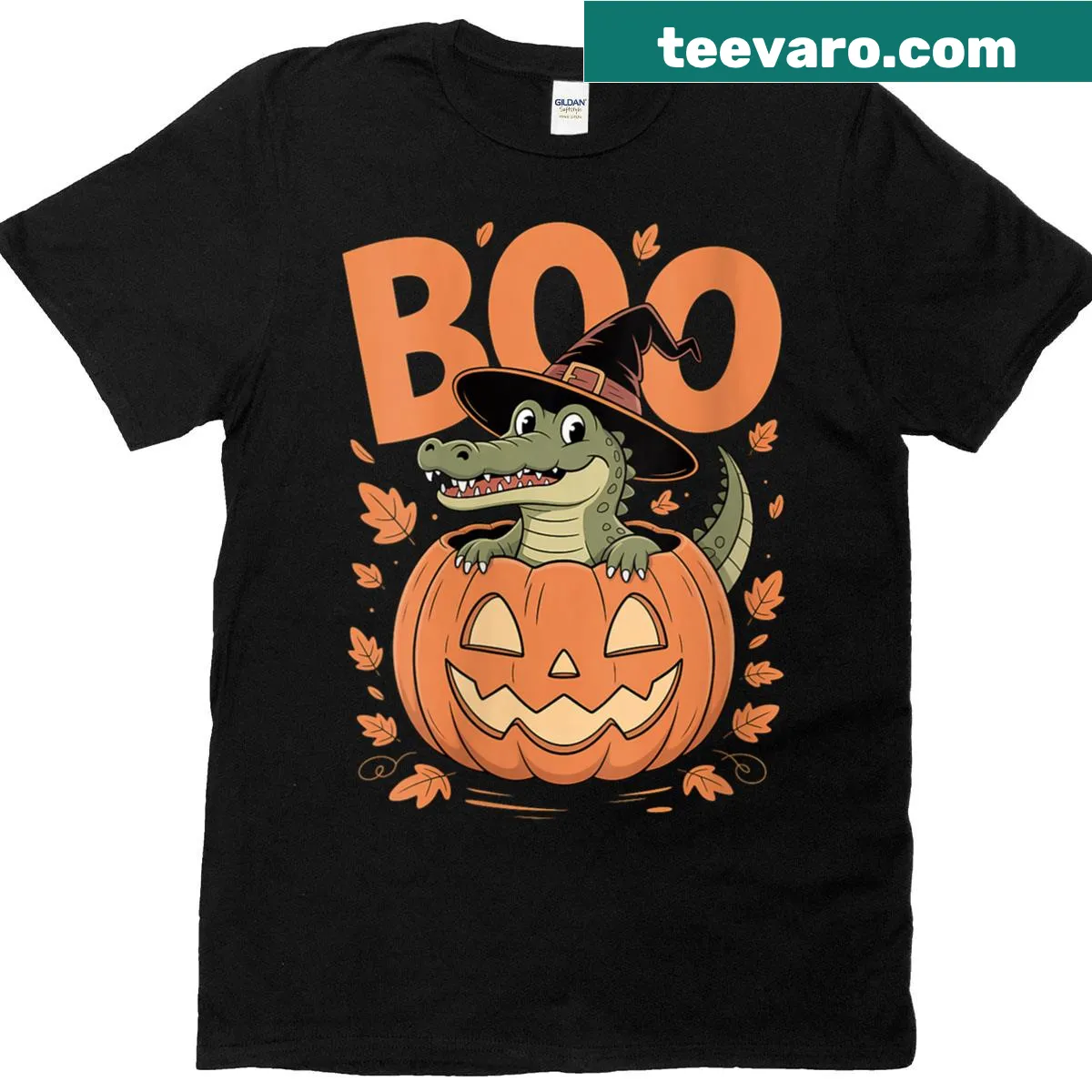 Crocodile on a pumpkin illustrated Halloween t-shirt — on a men's t-shirt
