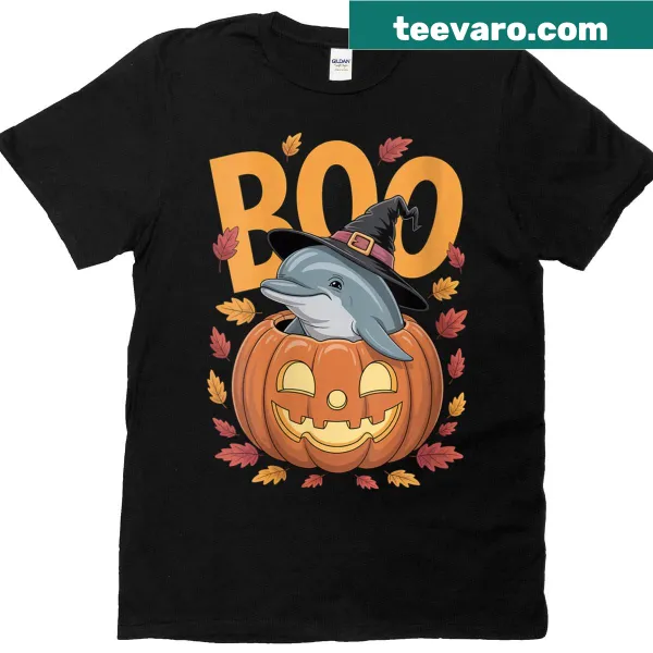 Cute Halloween T-shirt with dolphin in pumpkin costume