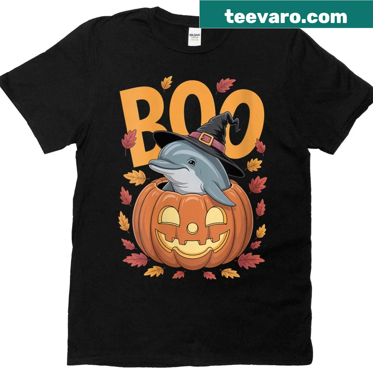 Cute Halloween T-shirt with dolphin in pumpkin costume — on a men's t-shirt
